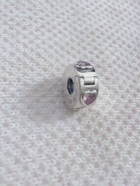 Pink CZ Heart Clip Charm Silver Charm For Pandora Bracelet